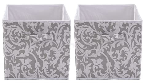 Periea ‘Jackie’ Premium Open Top Storage Boxes – Folding Storage Cubes – Smart Storage Solutions – Large Size with Lining and Insert (Grey Damask, Pack of 2)