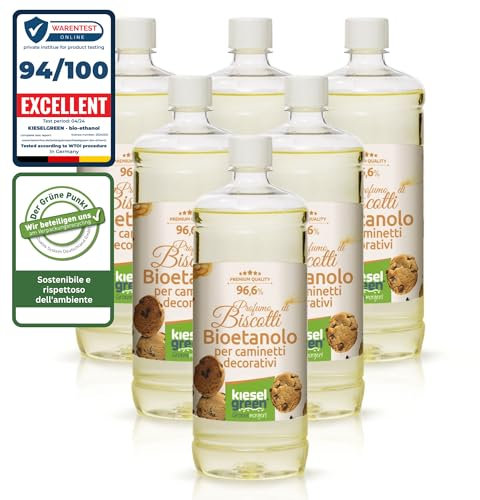 KieselGreen Bioethanol 6 x 1 Liter mit Duft für Ethanol-Kamin, viele Sorten - Bio Ethanol als Raumduft in vielen Duftnoten - Parfüm für Bio Ethanol Kamin Indoor oder Bioethanol Tischfeuer (Cookies)