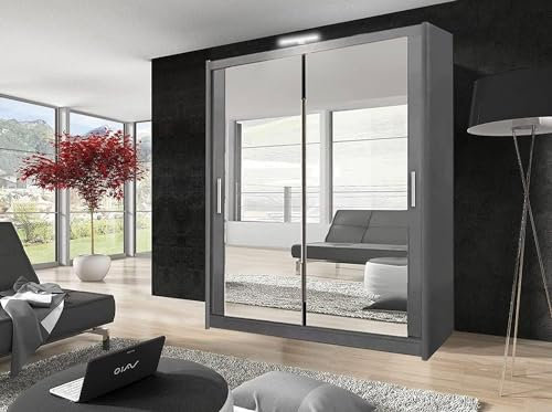 EVIL GSW Bedroom Furniture Modern Double Mirror Sliding Door Wardrobe With Hanging Rail, Shelves And LED Light. (203cm, Grey)