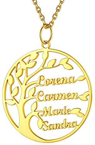 PROSILVER Collier Arbre de Vie 4 Prénoms Personnalisés Femme Plaqué Or, Chaîne Pendentif Cercle Fille en Argent Doré 45+5cm