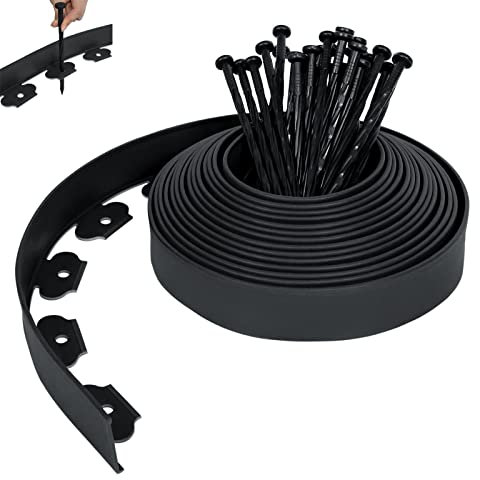 XMTECH Bordure de pelouse flexible en plastique de 10 m, avec 30 piquets de fixation, bordure de parterre de fleurs, bordure noire