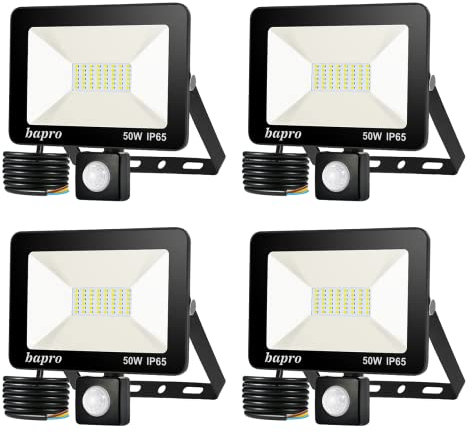loyal 4er 50W 5000LM LED Strahler mit Bewegungsmelder, IP65 Wasserdicht LED Außenstrahler, Superhell Kalteweiß 6000K Fluter Flutlicht, LED Scheinwerfer für Garten Garage Sportplatz