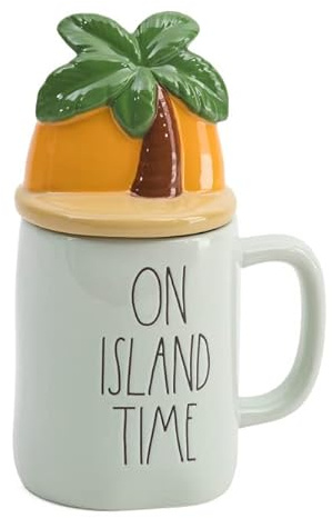 Rae Dunn Coffee Mugs with Decorative ceramic Lids, On Island Time/Palm Tree/Light Sage