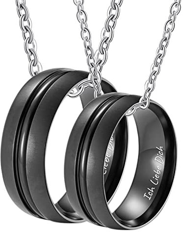 Epinki Halskette Paar Ring Edelstahl mit Anhänger, Gebürstet mit Gravur Ich Liebe Dich Partner Halskette Personalisiert, Schwarz, Breite 8MM - Herrenkette 60cm, Damenkette 50cm