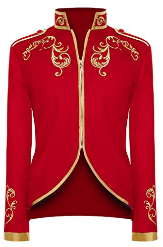 Mittelalter Kleidung Herren, Frack Herren Langarm Prinz Smoking Steampunk Frack Mantel Gothic Viktorianisch Blazer Jacke Karneval Kostüm Halloween Fashing Verkleidung Oberbekleidung Uniform Rot M