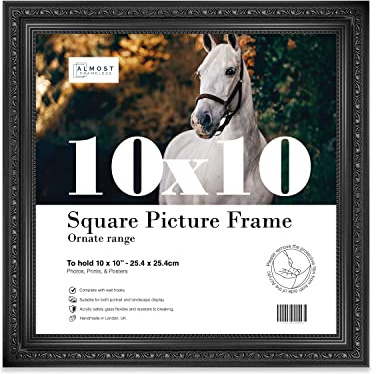 Almost Frameless 10x10 Black Ornate Picture Frame 10x10(25.4x25.4cm) Poster, Photo, Artwork, or Print. Antique Style Portrait and Landscape Display with Wall Hooks