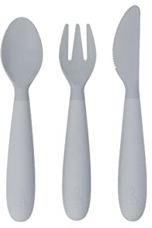 ezpz Happy Utensils (Zinn) – 100% BPA-freie Gabel, Löffel und Messer für Kleinkinder + Vorschüler + Selbstfütterung – entworfen von einem Kinderernährungsspezialisten – ab 24 Monaten