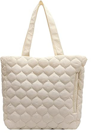 biosa Gesteppte Tasche Damen, Große Kapazität Nylon Shopper Tragetasche mit Top Griff, Flauschige Umhängetasche Handtasche Damen für Alltag Arbeit Büro Reisen Einkaufen Schule, Beige