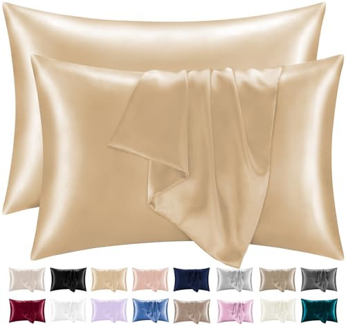 Lazzaro Satin Silk Pillowcases for Hair and Skin - Hypoallergenic Pillow Cases 2 Pack with Envelope Closure - Ultrasoft Standard Size Champagne Silk Pillowcases (50 x 75 cm)