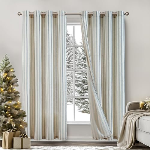 TOPICK Leinen Gestreifte Vorhänge Blau Streifen Gardinen mit Ösen Ticking Streifen Muster Leinenoptik Vorhänge Lichtfilterung für Wohnzimmer Nadelstreifen Gardine Blickdicht 2 Stück H225xB130cm