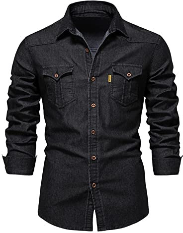 Mens Slim Fit Washed Denim Work Shirts with Chest Pockets Classic Long Sleeve Button Down Lapel Collared Truck Shirts(Black,Large)