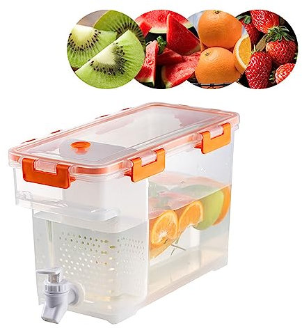 Fiorky 3.5L Slim Fridge Water Dispenser with Tap, Container Drink Jar Spigot, Large Jug Drinks Dispenser, Refillable Shelf, Great for Cold Beverages/Punch/Ice Water, Orange-3.5l, 28x13.7x16.6cm