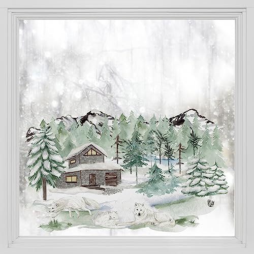 Alwayspon Statische Fensterfolie Privatsphäre, Doppelseitiger Fensteraufkleber, Anti-UV-Glasfolie für Weihnachtsdekoration, Winterwald Hütte Wolf T053