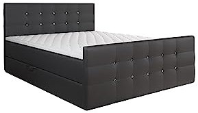 KEF Paris Boxspringbett 200x200 cm - Bett mit Matratze und Topper - Doppelbett mit Bettkasten - Polsterbett mit Kopfstütze - Bonell-Matratze H3 - Schwarz Kunstleder