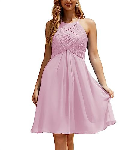 Robe de soirée élégante Halter Neck pour les femmes A-ligne en mousseline de soie Robes de fête de mariage, rose bonbon, 40