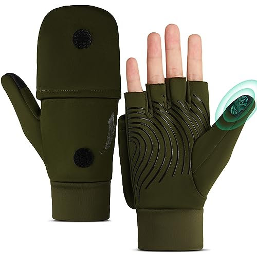 Men Thermal Running Fingerless Gloves - Ladies Winter Sports Driving Flip Mittens, Men Warm Stretch Convertible with Women Fleece Lined Non-Slip Half Finger Gloves for Cycling Riding (M, Army Green)