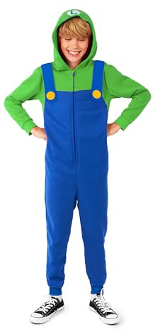 OppoSuits Kinder Luigi Onesie - Nintendo Einteiliger Schlafanzug - Lose Passform - Inklusive Taschen - Blau