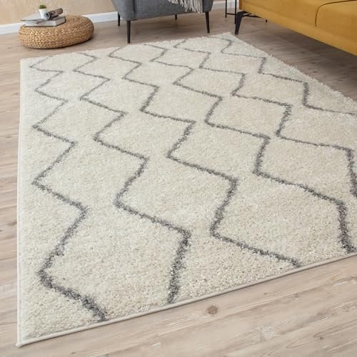 THE RUGS Modern Moroccan Design Living Room and Bedroom Rugs, Non-Shedding & Easy Care (Boho Ivory/Grey, 140x200 cm)
