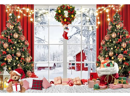 MIRRORANG 3x2,5m Toile de Fond de noël Hiver Rideaux Rouges fenêtre Blanche Arbre de noël Couronne Photographie arrière-Plans Veille Vacances fête de Famille bannière, Vinyle