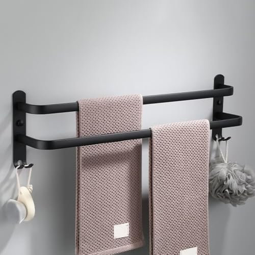 nvdsivee Porte Serviette Salle de Bain sans Percage Porte-Serviettes Murale Noir avec 2 Crochets Barre Serviette en Aluminium Cuisine Noir 2 Couches 40cm