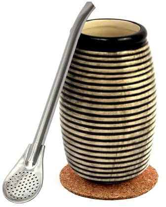 Juego con taza de cerámica para té Yerba Mate ● Taza de té mate de 260 ml ● Pajita de acero inoxidable Bombilla 19 cm ● Almohadilla de corcho ● Paja de acero inoxidable y cerámica yerba mate taza de