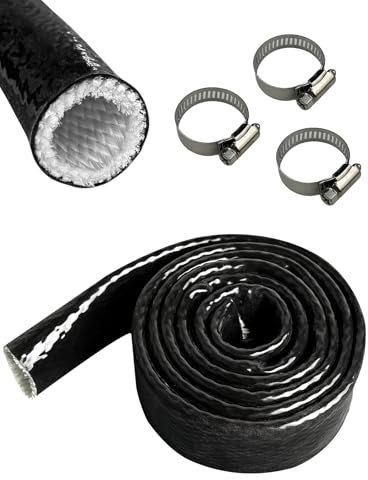 YAMAKATO Manicotto protettivo termico in fibra di vetro rivestito in silicone con 3 morsetti per tubi flessibili automobilistici e cablaggio elettrico (nero, 1,5 m)