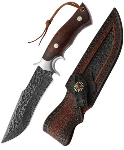 TABKER Einhandmesser Damast Scharfes Taschenmesser Outdoor Messer Ultrascharfes Mit Schöner Lederscheide