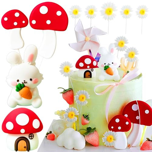 JeVenis Pilz Kuchendekoration Woodland Geburtstag Deko Pilz Haus Kuchen Deko Waldtiere Tortenaufleger Kaninchen Geburtstagskuchen Babydusche Party Supplies