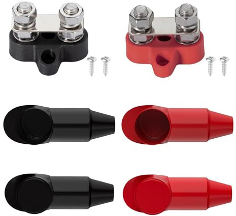 2 Stück Anschlussbolzen M8 mit 4xAbdeckung Batterieklemmenblöcke 12V-48V DC Sammelschienen Verteilerblock Busbar 150A Stromverteilungsblock für Auto, LKW, Wohnmobil, Boot, Schwarz und Rot