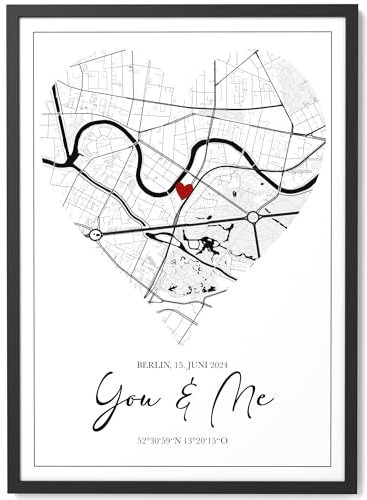 Papierschmiede® Personalisiertes Geschenk Koordinaten Bild „You and Me“ mit Rahmen, Ideal als Hochzeitsgeschenk, Geschenk für Freundin oder Partner, Geschenk für Freund | Jahrestag Landkarte DIN A3