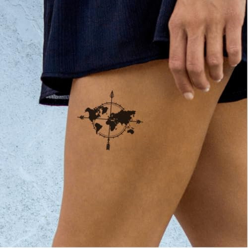 Fake Tattoo Reise – Temporalis® | Temporäre Tattoos für Erwachsene – EU-zertifizierte Kosmetik, vegan & wasserfest – Hält 1 bis 2 Wochen [Weltkarte und Kompass]