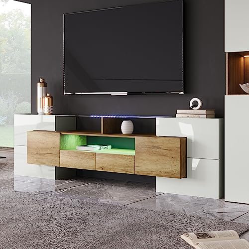 Elegante mueble de TV de 200 cm con iluminación LED para sala de estar. Diseño moderno. Elegante acabado en cristal (blanco brillante y color madera + tablero de fibra de densidad media)