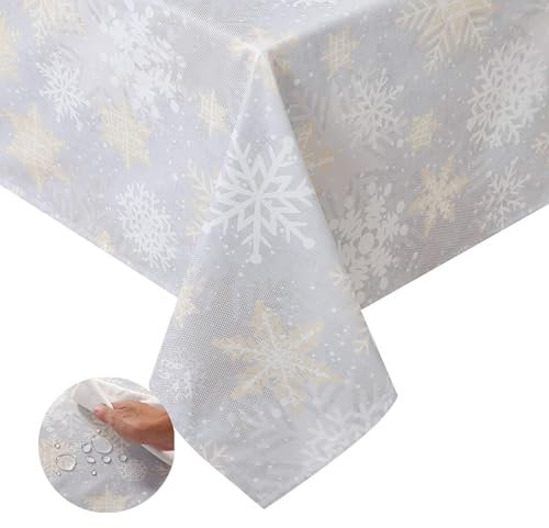 BrillShine Tischdecke Abwaschbar Rechteckig 140x210 cm Tischdecke Schneeflocke Weihnachts Tischdecke Schmutzabweisend Abwischbare Tafeldecke für Outdoor Party Garten Küche Weiß