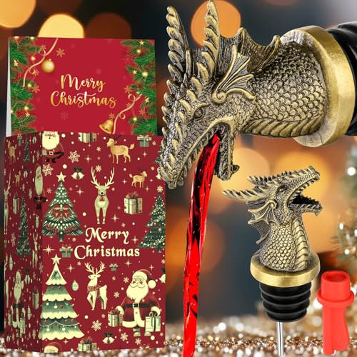 LULLEA Drachenkopf Weinflaschenverschluss und Ausgießer, Weihnachts Drachengeschenke für Männer, Drachenflaschenausgießer, Bronze Weihnachtsverpackung und Weihnachtskarte