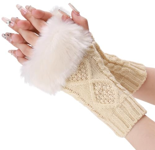 CABODYALS 2 Paar Weiße Pelzige Fingerlose Handschuhe Weiche Flauschige Strickhandschuhe Mit Daumenloch Beige Winter Häkel Armstulpen Ärmel Aus Kunstpelz Handgelenksfäustlinge Für Frauen Malen Fotograf