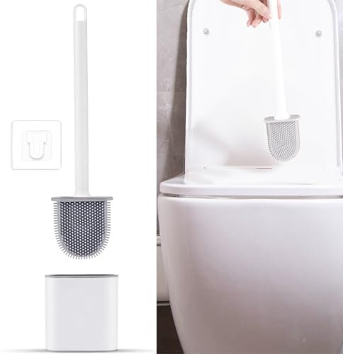 Toilet Brush,Toilet Brushes & Holders with No-Slip Long Plastic Handle and Soft Flexible Bristles,Toilet Brushes with holders and Base Bathroom Silicone Toilet Brushes for Anti-drip (White)