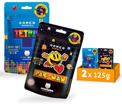 Powerbeärs Gamer Gummies | 2er-Set TETRIS und PAC-MAN | 2x125g | Gummibärchen mit 20% Fruchtsaft in Tetris und Pac-Man Formen | Retro Snack für Gaming-Fans & Nostalgie-Liebhaber