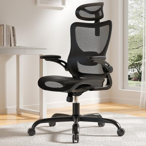 Marsail Bürostuhl Ergonomisch mit Hoher Netzrückenlehne, Adaptiver Lendenwirbelstütze, 2D-Kopfstütze, 3D-Klapparmlehnen, Höhenverstellung und Wippneigung, Schwarz, Rußig