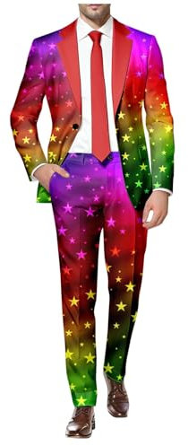 Costume 2 pièces pour homme - Couleur fluo - Costume amusant - Blazer - Coupe ajustée - Manches longues - Veste de costume multicolore - Ensemble 2 pièces - Disco - Disco - Carnaval - Mois de fierté,