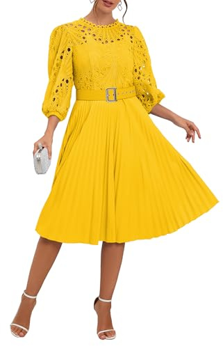 IWFEV Lace Pleated Dress Puff Sleeve Mid-Calf Short Sleeve Midi Hollow Party Evening Dress L Yellow