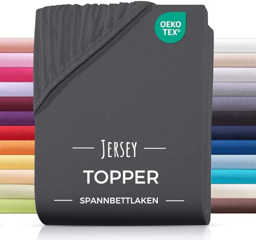 CARPE SONNO Topper Spannbettlaken 160x200 [100% Baumwolle & Oeko-TEX 100] Jersey Spannbettlaken Topper Bezug 160x200 [bis 10 cm Höhe] Topperbezug Bettlaken 160 x 200 Spannbetttuch 160x200cm Anthrazit