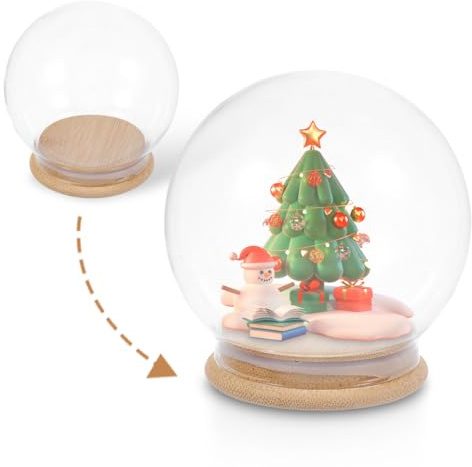 Zerodeko DIY Snow Globe Kit 10cm Empty Glass Dome to Fill with Bamboo Base Clear Fillable Snowglobe Cloche Bell Jar Showcase Dustproof Display Case for Preserved Flowers Box Figures