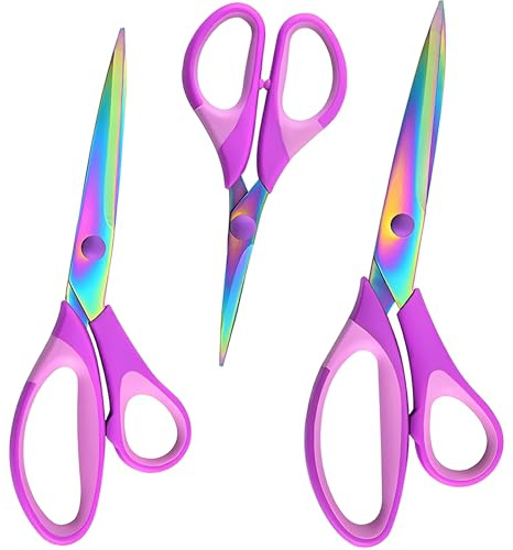 Houbobo Scissors All Purpose 3 Pack,Premium Titanium-Coated Stainless Steel Blade Shears, Professional Ergonomic Comfort Grip for Office School Home Fabric Sewing DIY Craft Cutting General Use, Purple