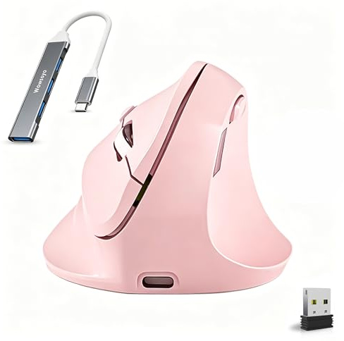 Wowssyo Mouse verticale ergonomico con display, 3 modalità [Bluetooth 5.3, 2.4G, cablato], mouse wireless ricaricabile, 800/1200/1600/2400/4800 DPI, PC/Mac - Rosa