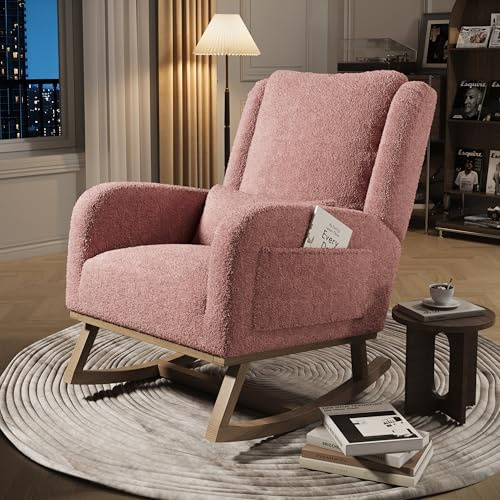 HYNHXBP Fauteuil à Bascule, Fauteuil à Bascule avec Poches latérales, Pieds en Bois Massif, Fauteuil de Salon, Convient pour Le Salon et la Chambre (Rose)