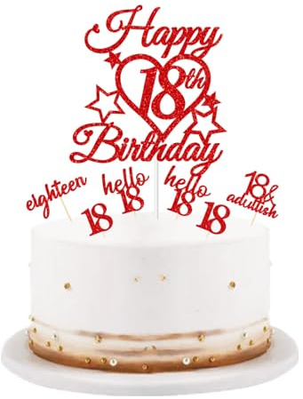 bng-bng 18th Birthday Cake Topper Glittery Happy 18th Birthday Cake Cupcake Toppers For Girls 18 Eighteen Years Old Birthday Party Supplies Decorations Red