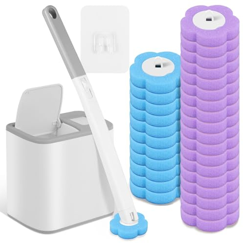 Goshoppers Einweg Toilettenbürste Set mit Halter & 30 Reiniger-Ersatzkopf | Klobürste Wandmontage mit Reiniger, Grau Auto-Deckel, Kunststoff & Schwamm, 360° putzen, für WC Reinigung & Badewanne