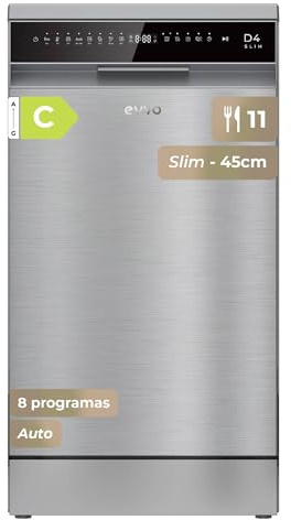 EVVO D4X Slim Lave vaisselle 45 cm installation libre 11 places classe d'efficacité C 8 programmes mode auto ouverture automatique fonction hygiène demi charge petit lave-vaisselle inox