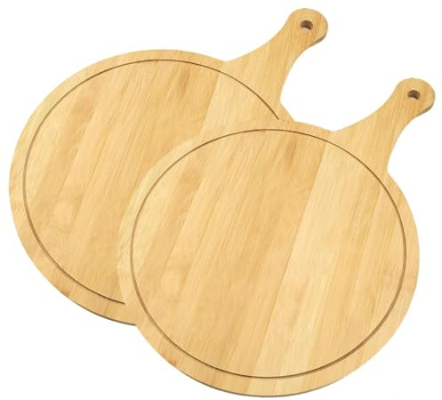 2 Assiettes à Pizza,Planche Pizza,Moule à Pizza rond de 30 cm avec poignée | Assiette de présentation rainurée, idéale pour découper et servir charcuterie, pain, fromage, pizza, couleur bois naturel