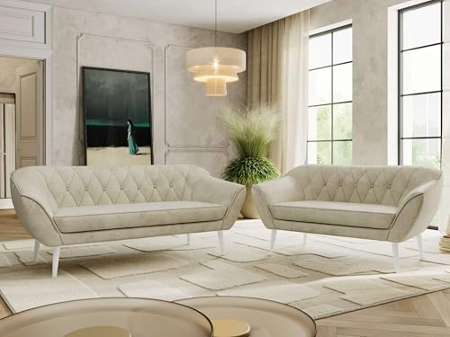 MKS MEBLE Sofagarnitur PIRS 3 + 2 - Couchgarnitur im skandinavischen Design, Gesteppte Polsterung, Wellenfederung, Wohnzimmer Sofa Set - Weiße Beine, Beige Velvet